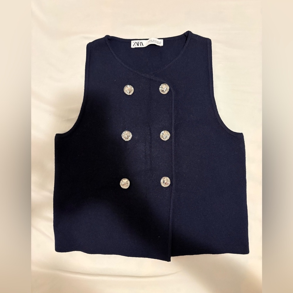 Zara Navy Knit Vest silver Button Sleeveless Top